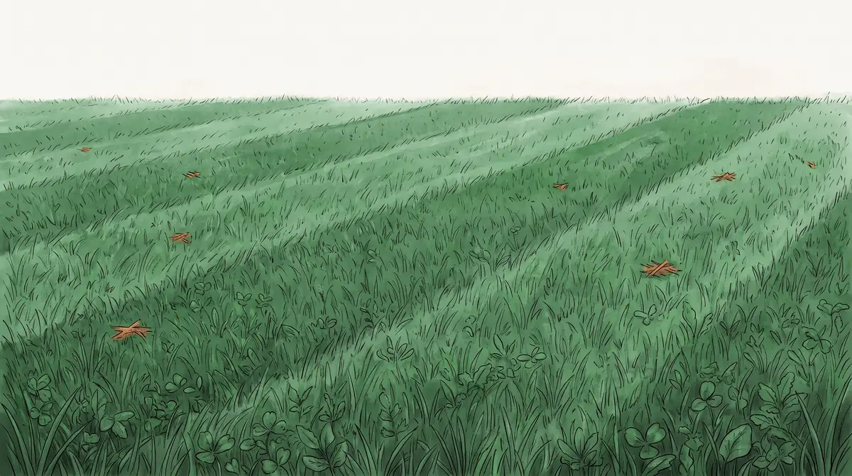 Illustrated close-up of mown turf with diagonal stripe patterns, individual grass blades, and a few scattered dry straw-mulch flecks