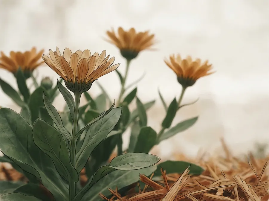 Medium macro of three seasonal annual blooms in a flower bed, shallow depth of field