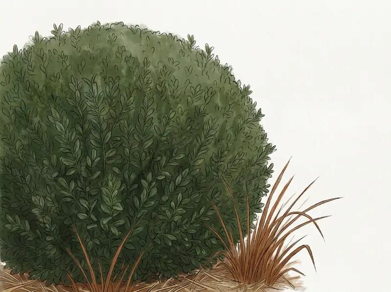 Macro study of a single trimmed hedge form, ornamental grass texture in soft focus behind it